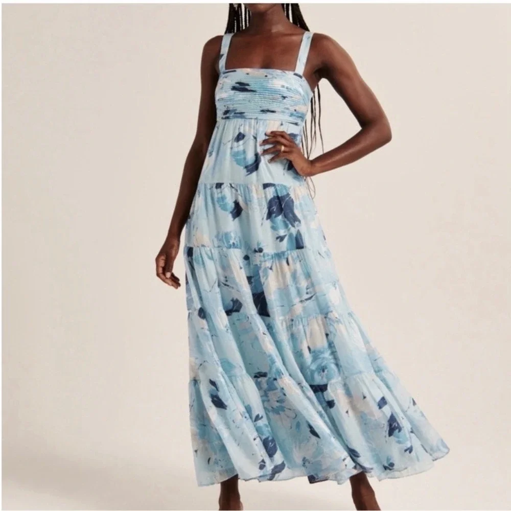 abercrombie smocked bodice maxi dress Women's Bra-Free Smocked Drop-Waist Maxi Dress in Cream Floral | Size L PETITE